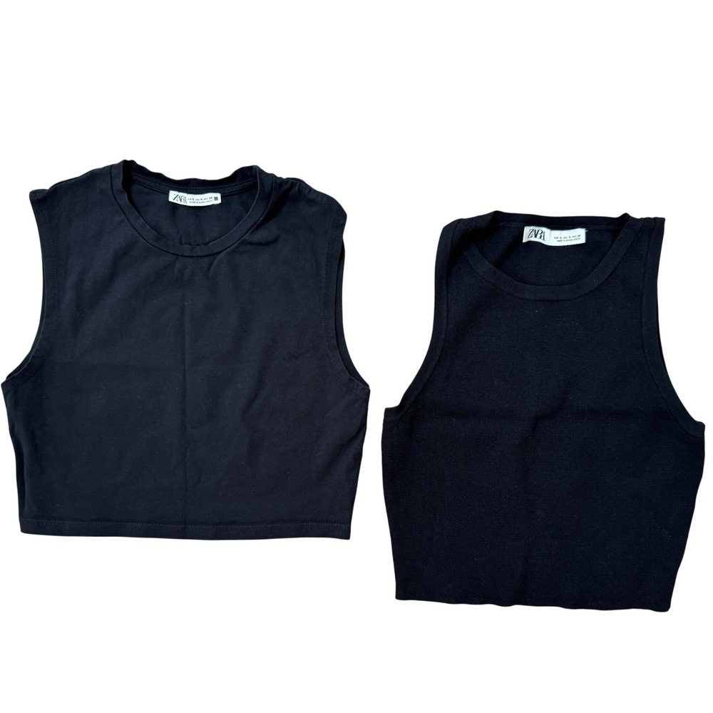 Zara Womens Ribbed Knit‎ Crop Top Size S Set of 2 Sleeveless Black Tops Small